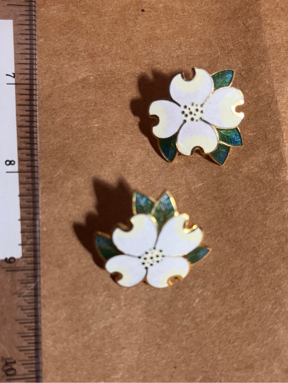White Enamel Flower earrings with Green Leaves